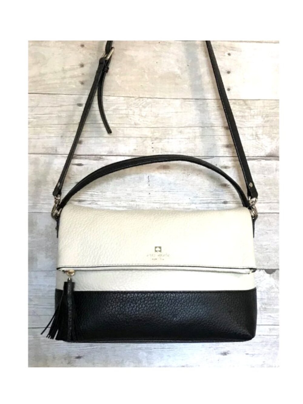 Kate Spade Crossbody Bag Maria Foldover Black & Off White Satchel Handbag Purse